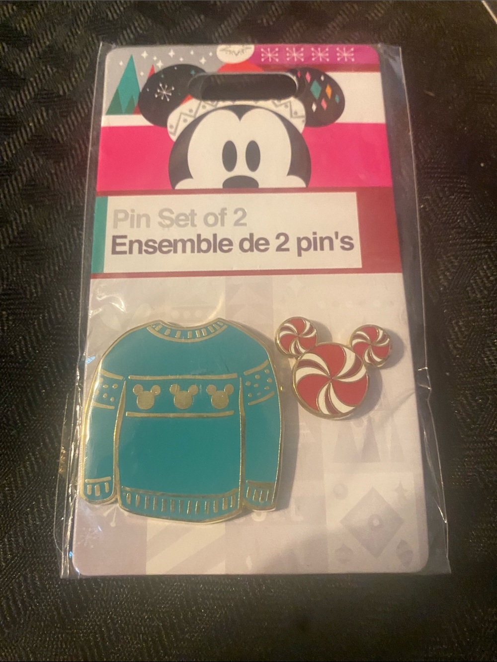 Disney Teal Sweater & Red Candy Mickey Pin Set